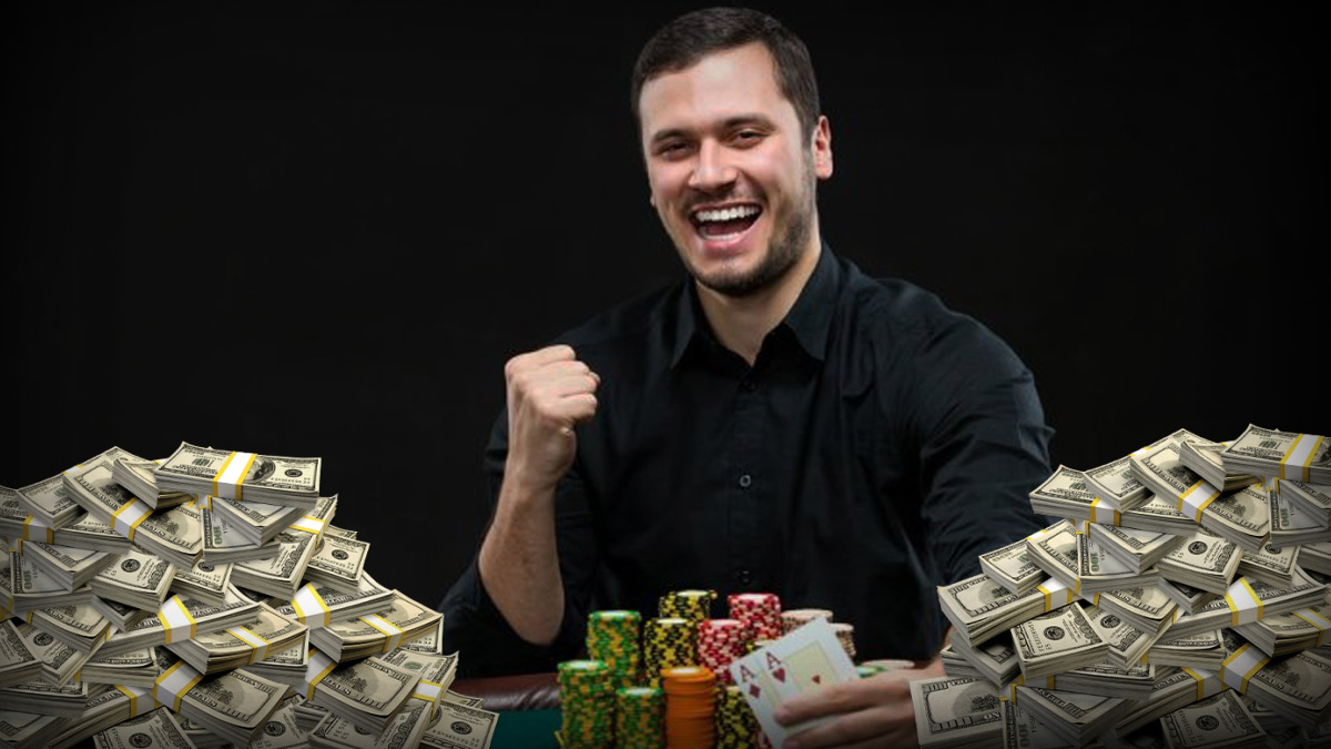 Poker Player Smiling at Poker Game, Poker Chips on Table, Poker Cards, Stacks of Money