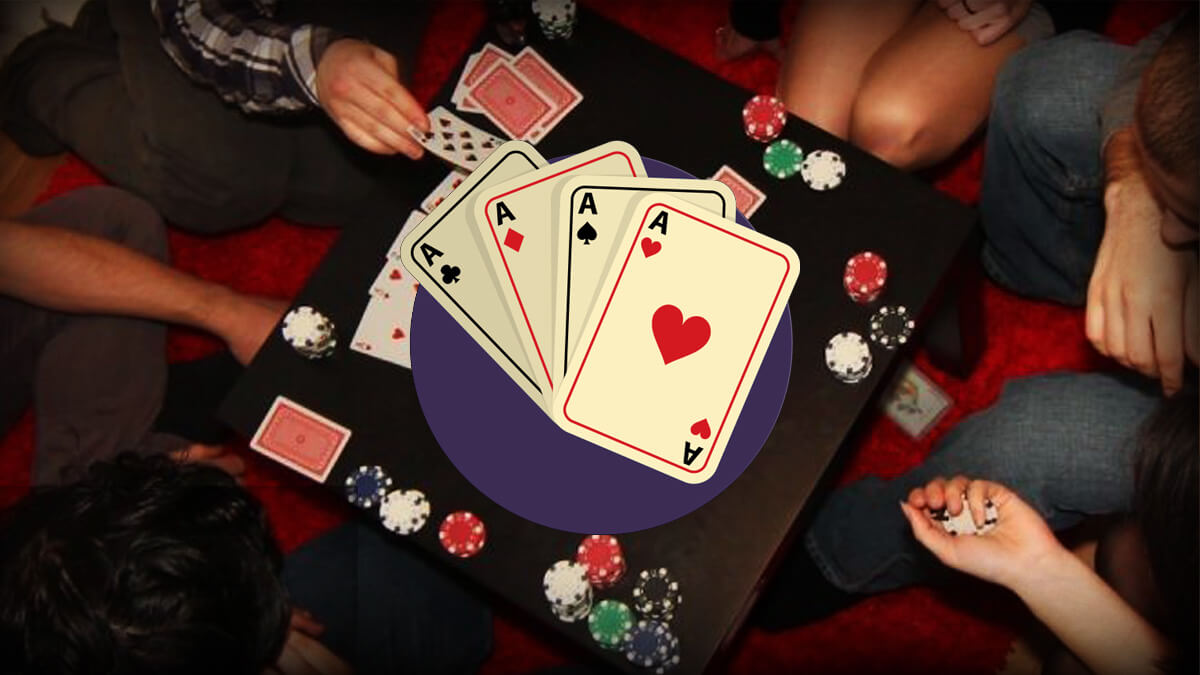 Group of People Playing Poker at Home, Poker Chips on Table, Poker Cards Icon