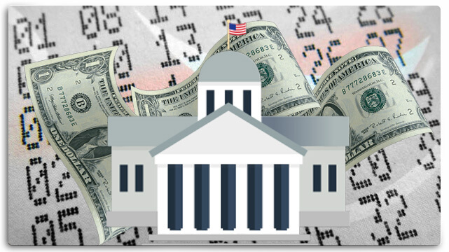 Lottery Numbers Background, Government Building, American Flag, Money Bills