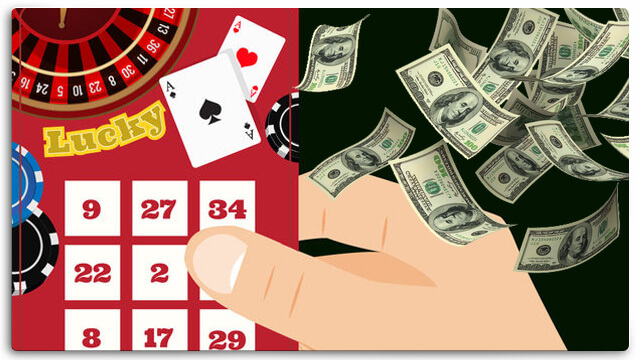 Hand Holding Scratch Off Lottery Game, Money Bills Flying
