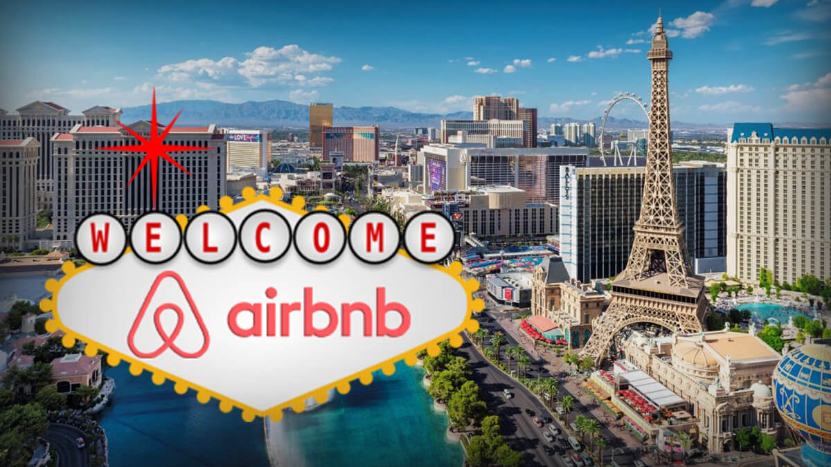 View of Las Vegas Strip, Welcome to Las Vegas Sign with Airbnb Logo