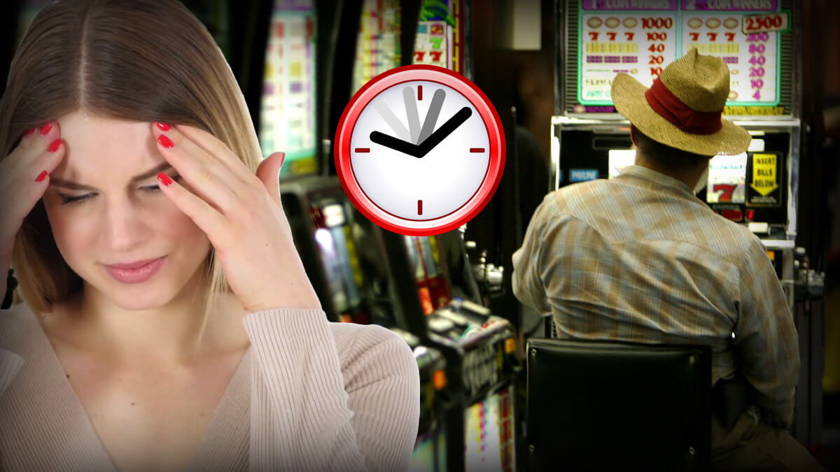 Man Sitting on Slot Machine in Casino, Woman Frustrated with Hands on Her Forehead, Time Clock Ticking