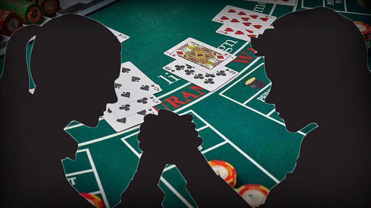 Blackjack Table with Poker Cards, Poker Chips, Man and Woman Silhouette, Grasping Hands