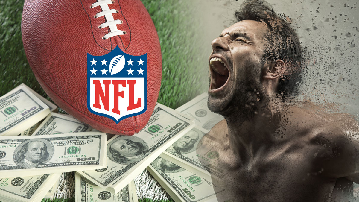 Man Screaming With a Money and NFL Background