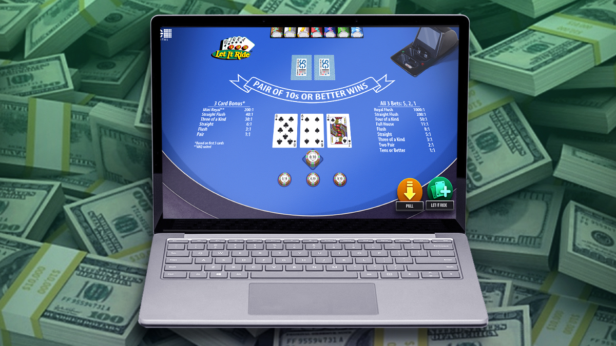 Laptop Playing Let It Ride Poker With Money Background