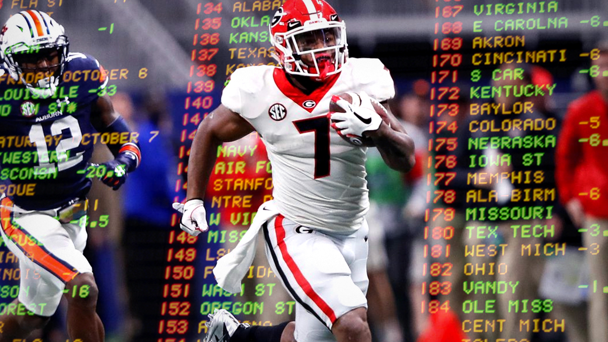 NCAAF Player Running the Ball With a Sportsbook Screen Background