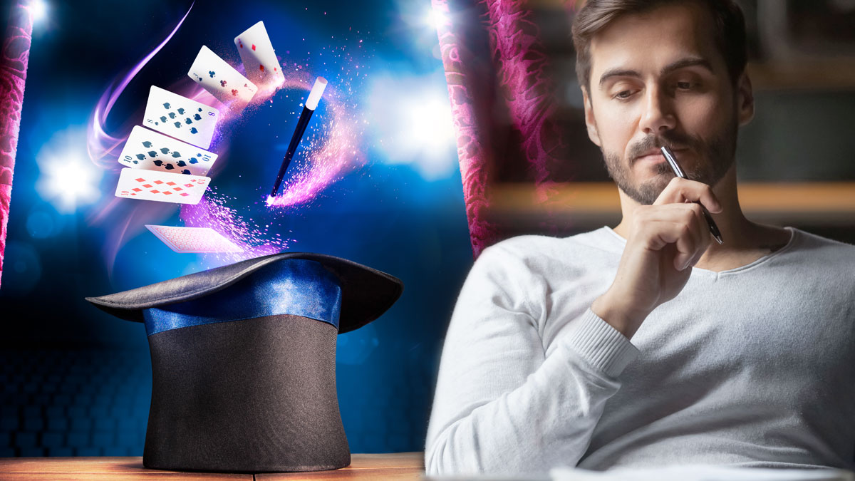 Man Contemplating dan Topi dan Kartu Tongkat Ajaib