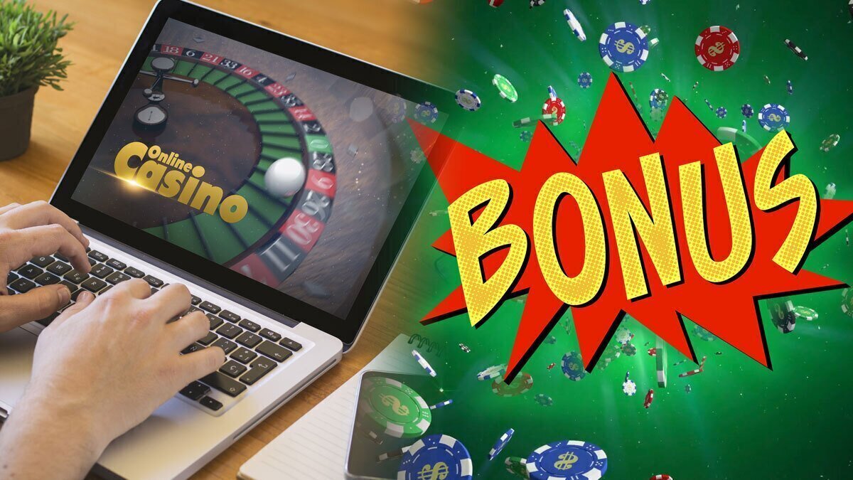 Peron Gambling on a Laptop on Left and a Bonus Logo on Right