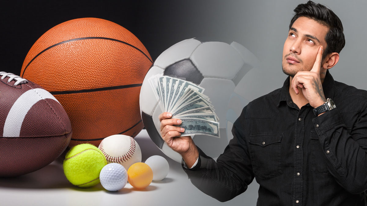 Thinking Man Holding Money With Sports Equipment