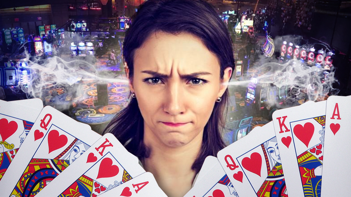 Woman With Smoke Coming Out of Ears With a Casino Background
