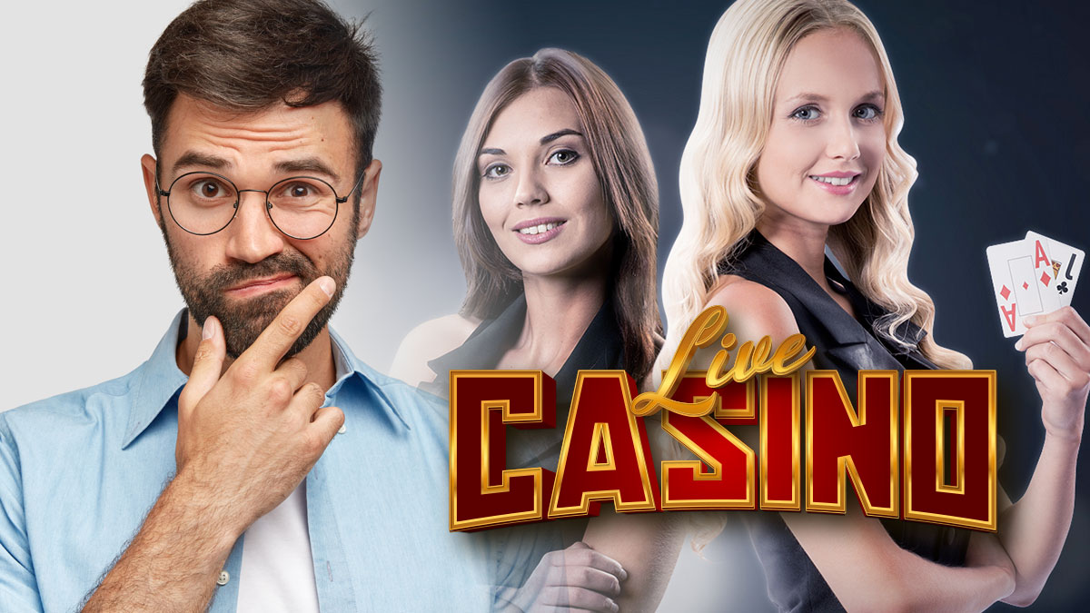 Man in Contemplation on Left with Two Female Dealer on Right With Live Casino Wording in Front