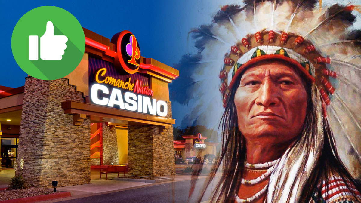 Comanche Nation Casino on Left with a Picture of a Native American on Right