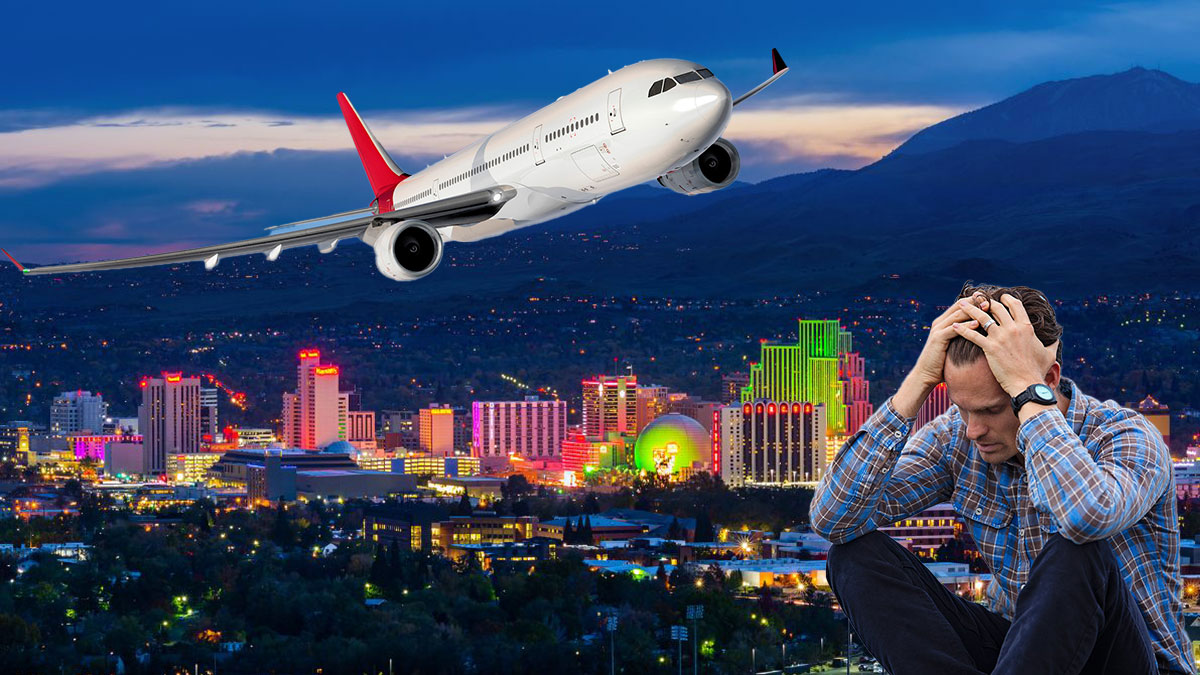 Plane Over Reno With Man With Head In Hands