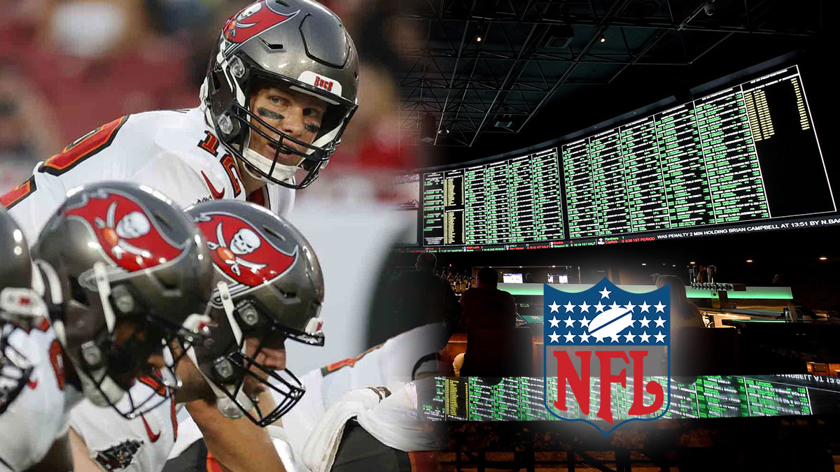 Buccaneers in Formation on Left Sportsbook Moneylines on Right NFL Logo On Bottom Right Corner