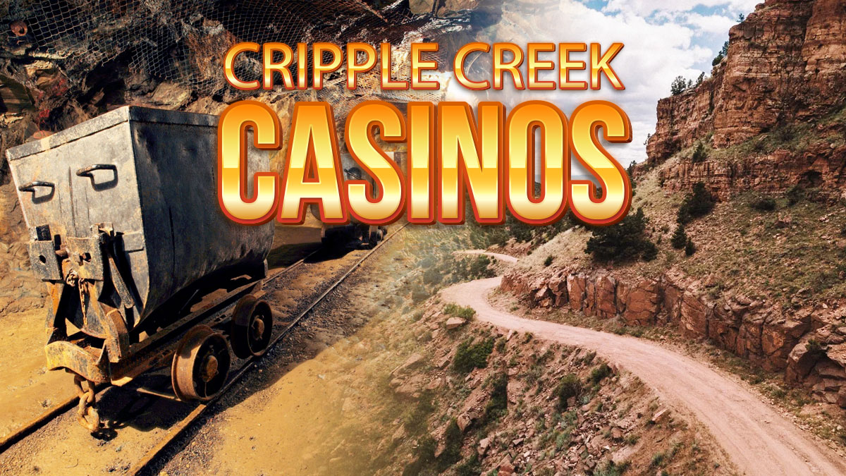 Cart form a Gold Mine on Left and a Hiking Trail on Left With Cripple Creek Casinos in the Center