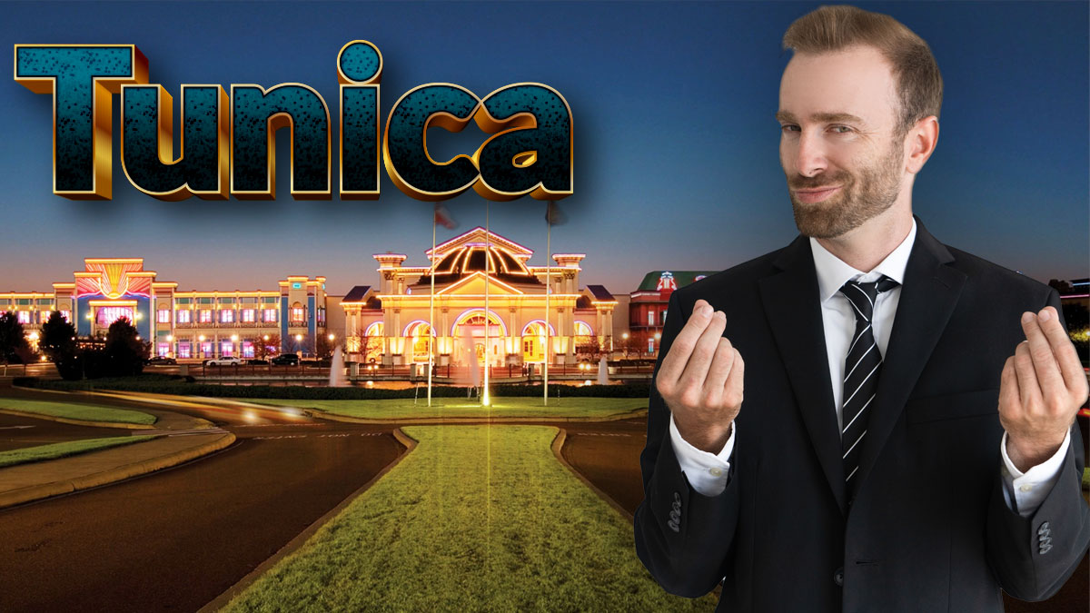 Man Rubbing His Fingers Together With a Casinos in Tunica in the Background