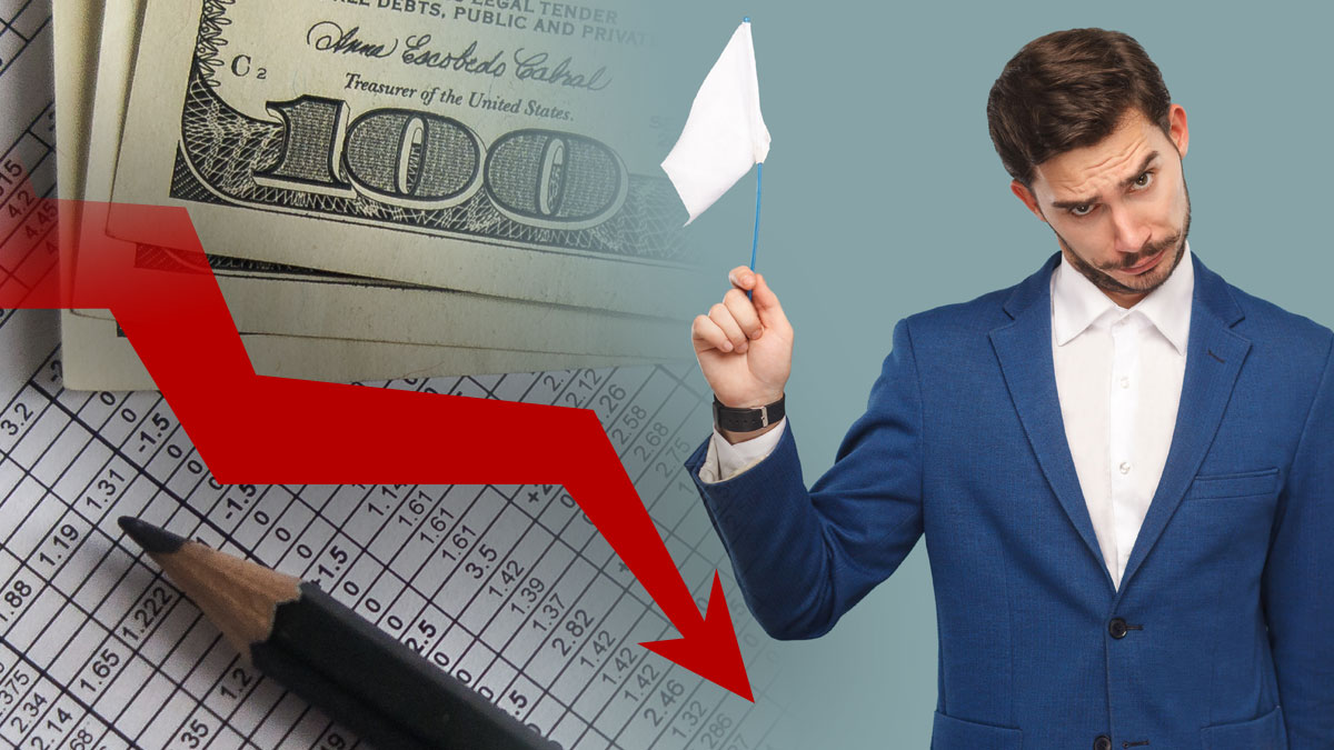 Man Holding White Flag up on Right With A Stack of Money on a Paper and a Line Going Down on Left