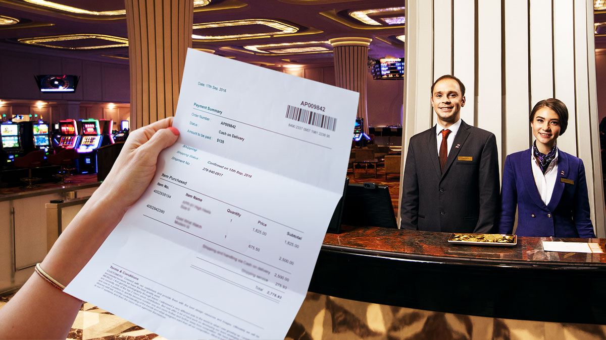Woman Holding a Paper up With Two Casino Workers Behind a Desk