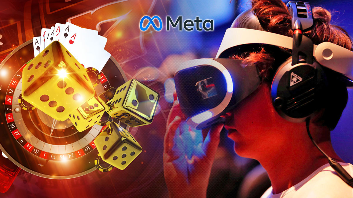 Casino Games on Left Man with VR Headset on on Right and Meta Logo Top Center