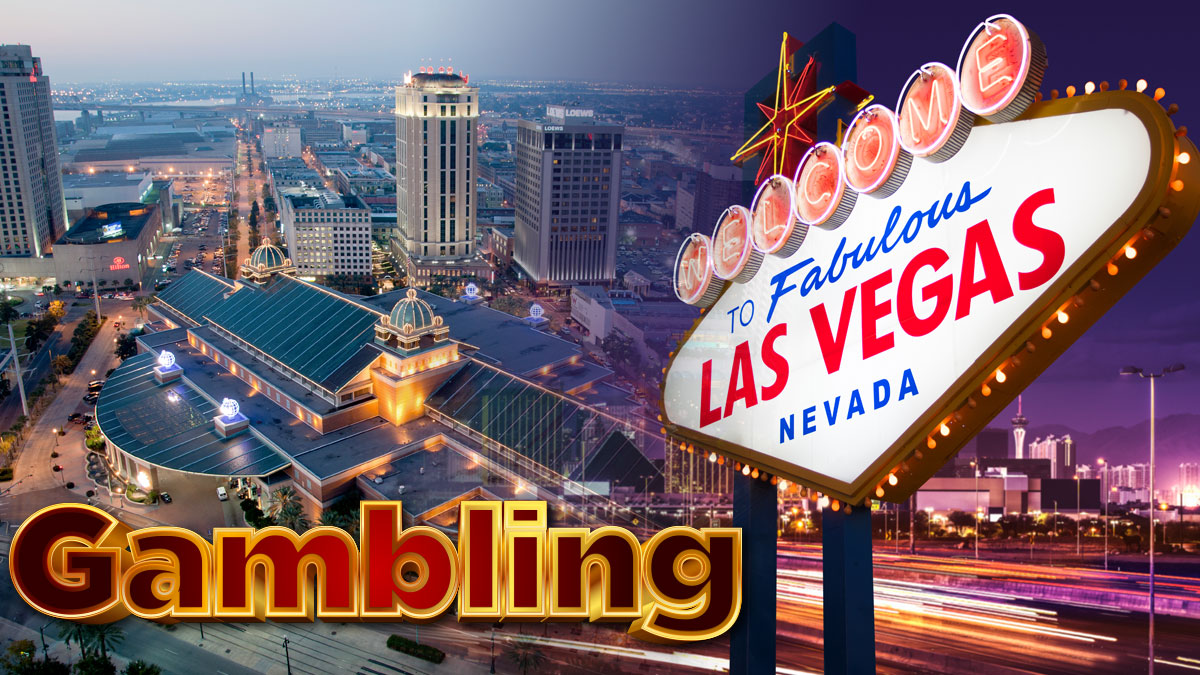 Las Vegas Welcome Sign With an Overhead View of a Casino on Left