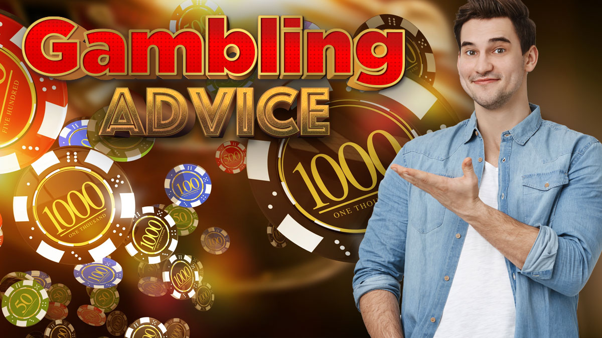 Man Holding Hand up Pointing Towards the Words Gambling Advice With Casino Chips Falling Behind