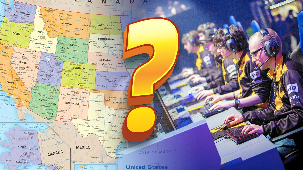 Map of the United States on Left and a Team of E-Sports Competitors on Right