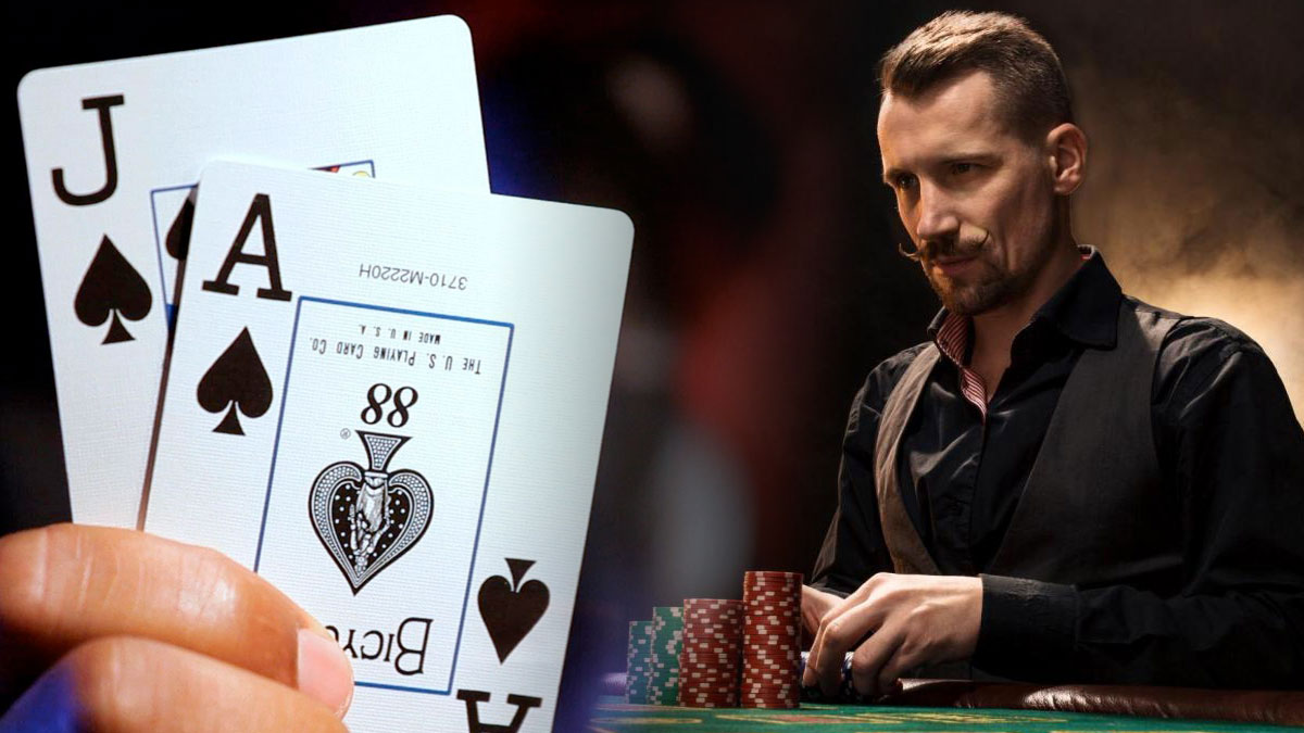 Serious Looking Man at a Blackjack Table on Right Hand Holding a Jack and Ace Card