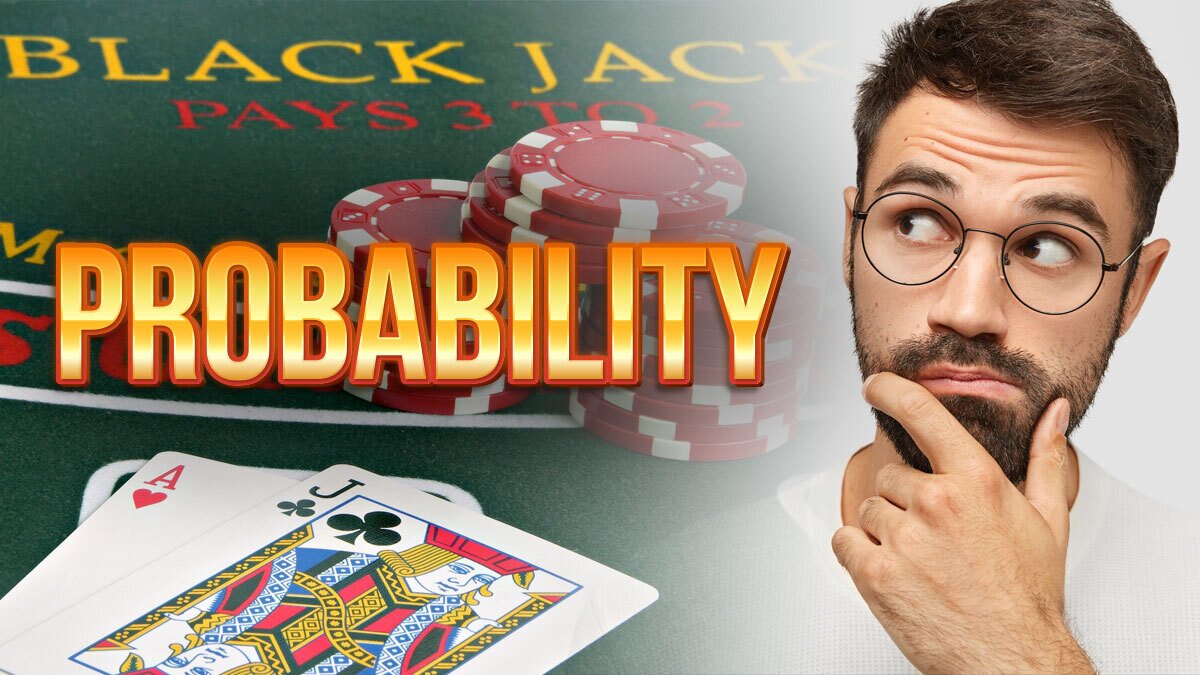 Thinking Man on Right With a Closeup of a Blackjack Table on Right