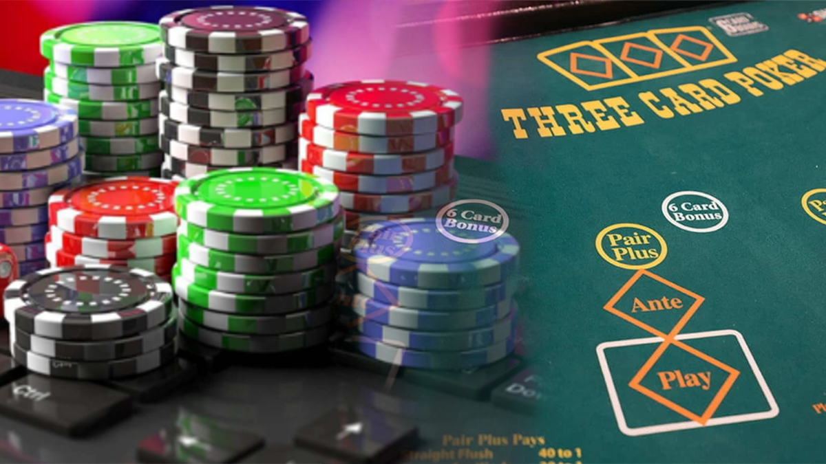 Poker Chips on Left and a Closeup of a Three Card Poker Table on Right